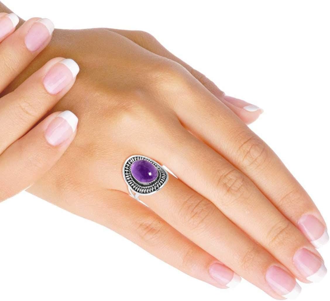 Handmade Genuine 925 Sterling Silver Ring Natural Gemstone Amber, Lapis, Rose Quartz, Pearl Oval Boho Jewelry For Women