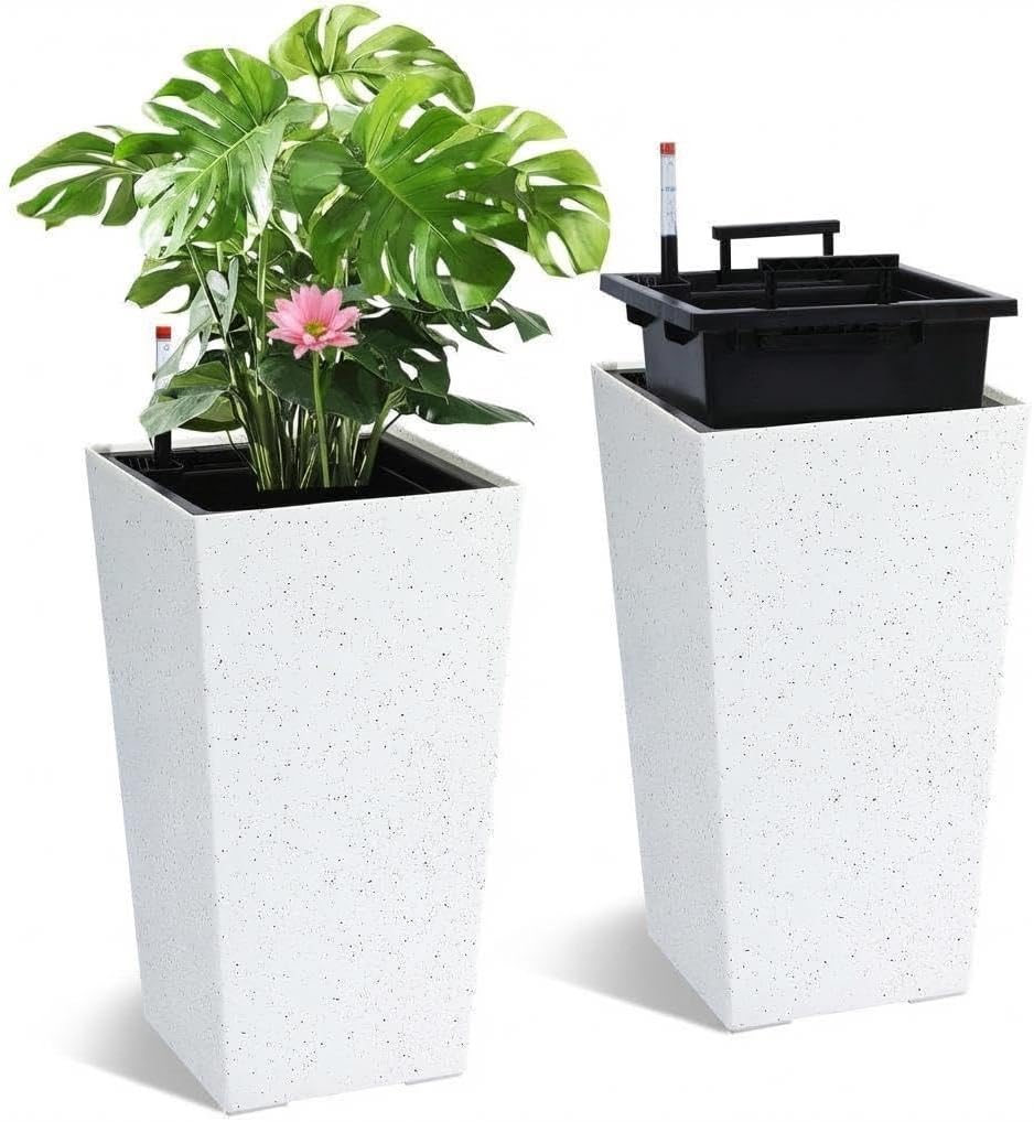 22.5" Self Watering Tall Planters Set of 2, Modern Elegant Flower Pot with Automatic Water Absorbing Function, Plant Pots with Water Level Indicator and Drainage Holes for Indoor & Outdoor Use, White