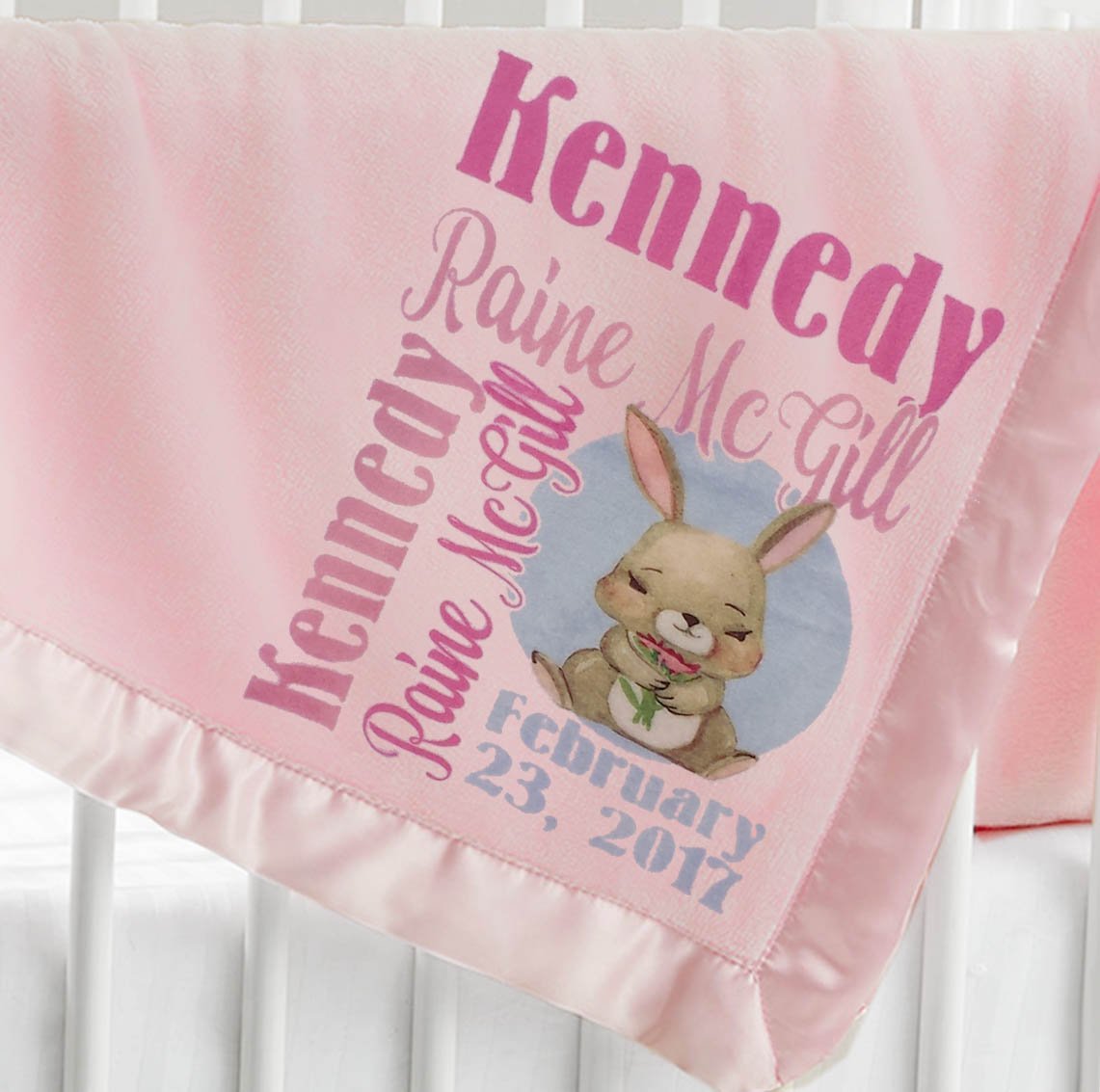 Personalized Baby Blanket (Pink - Personalized) Super Soft Micro Plush Fleece with Satin Trim with Name Elephant Giraffe Cute Animal Designs
