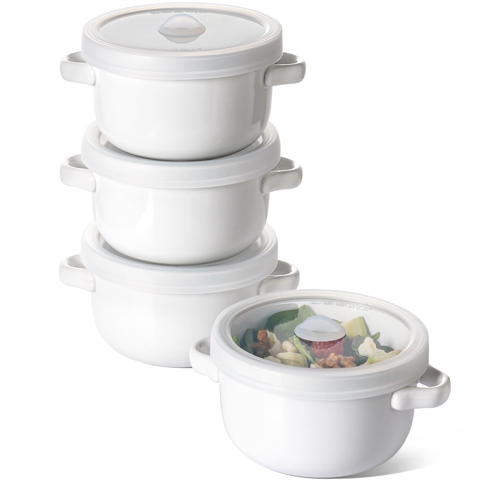 LE TAUCI Soup Bowls With Handles 28 oz and Silicone Lids, French Onion Soup Bowl for Chili, Beef Stew, Cereal, Ceramic Soup Crocks oven Safe, Microwave Dishwasher Safe - 5.5 inch, Set of 4, White