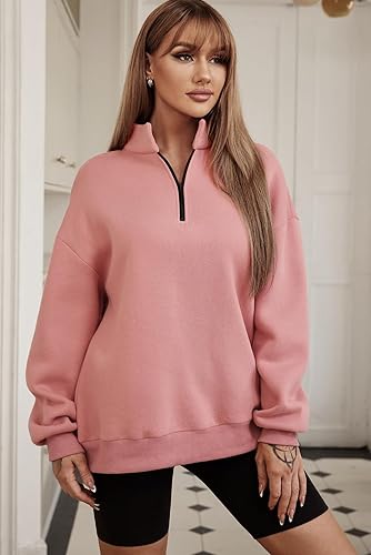 Miniatura 3 de BLENCOT Sudaderas acolchadas con media cremallera para mujer, cuello redondo, manga larga, sin botones, texturizadas, lisas, casuales, a la moda,