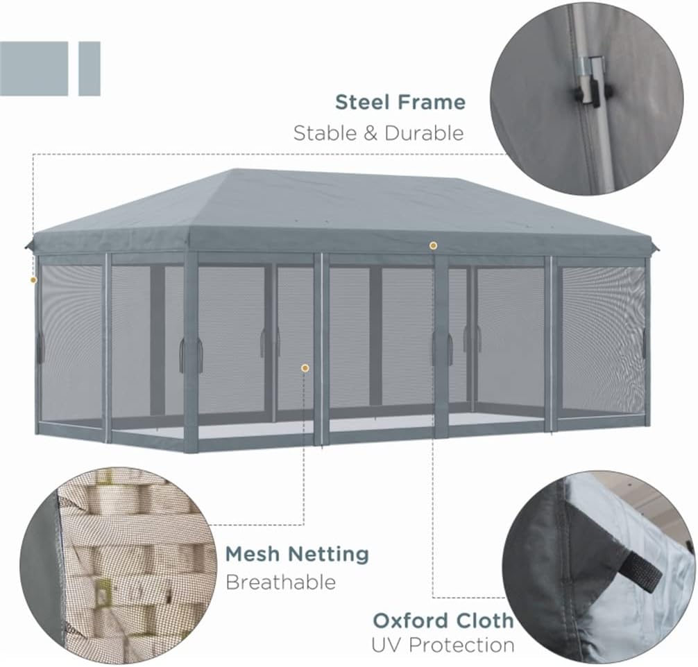 Gray 10' X 20' Patio Gazebo Outdoor Pops-Up Canopy with Sidewalls, 6 Mesh Walls for Party, Events, Backyard, Lawn