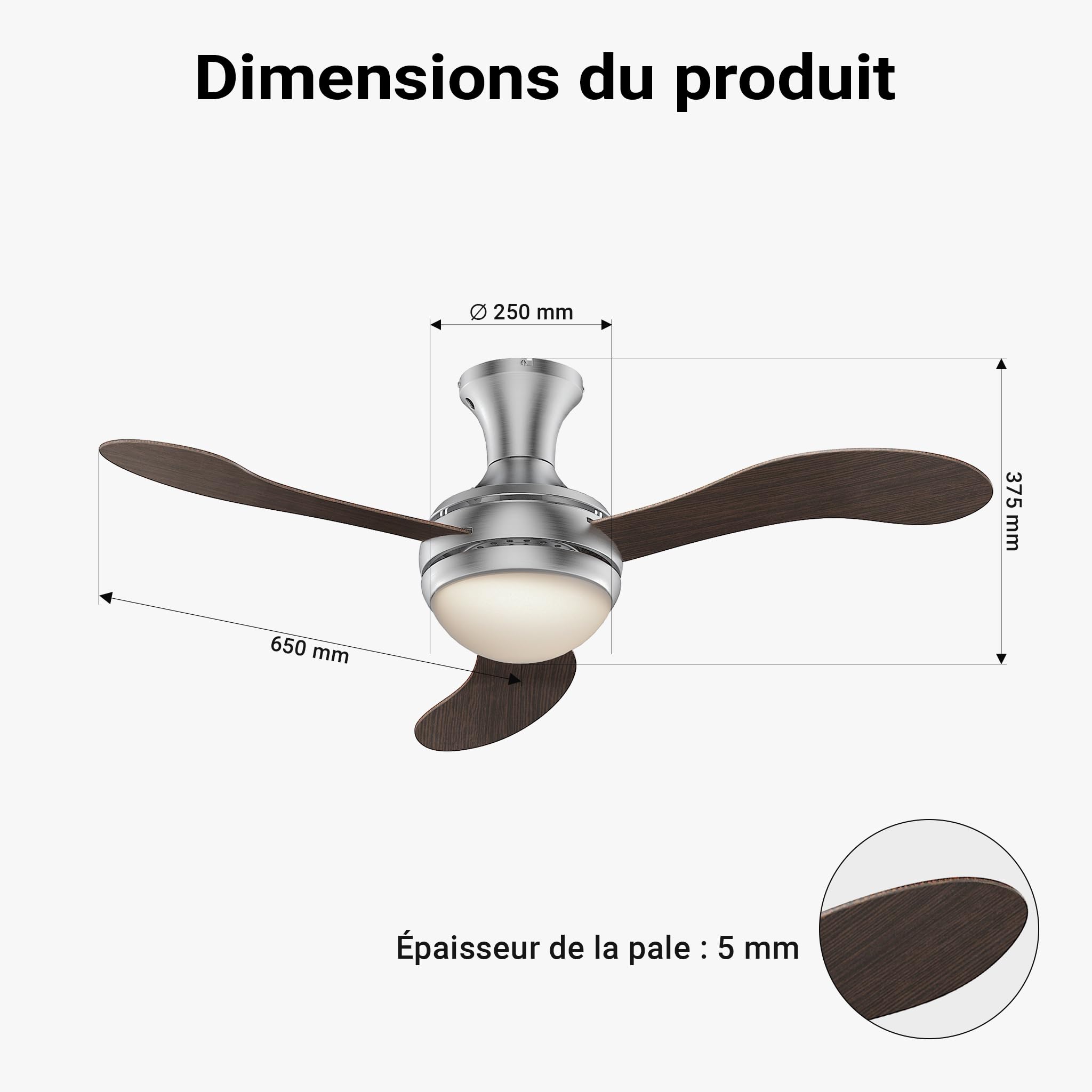 WilTec Ventilateur de Plafond Silencieux 55 W, Ø 130 cm, Max. 18 m², 3 pales, plafonnier intégré, brasseur d’air avec Lampe Lustre luminaire