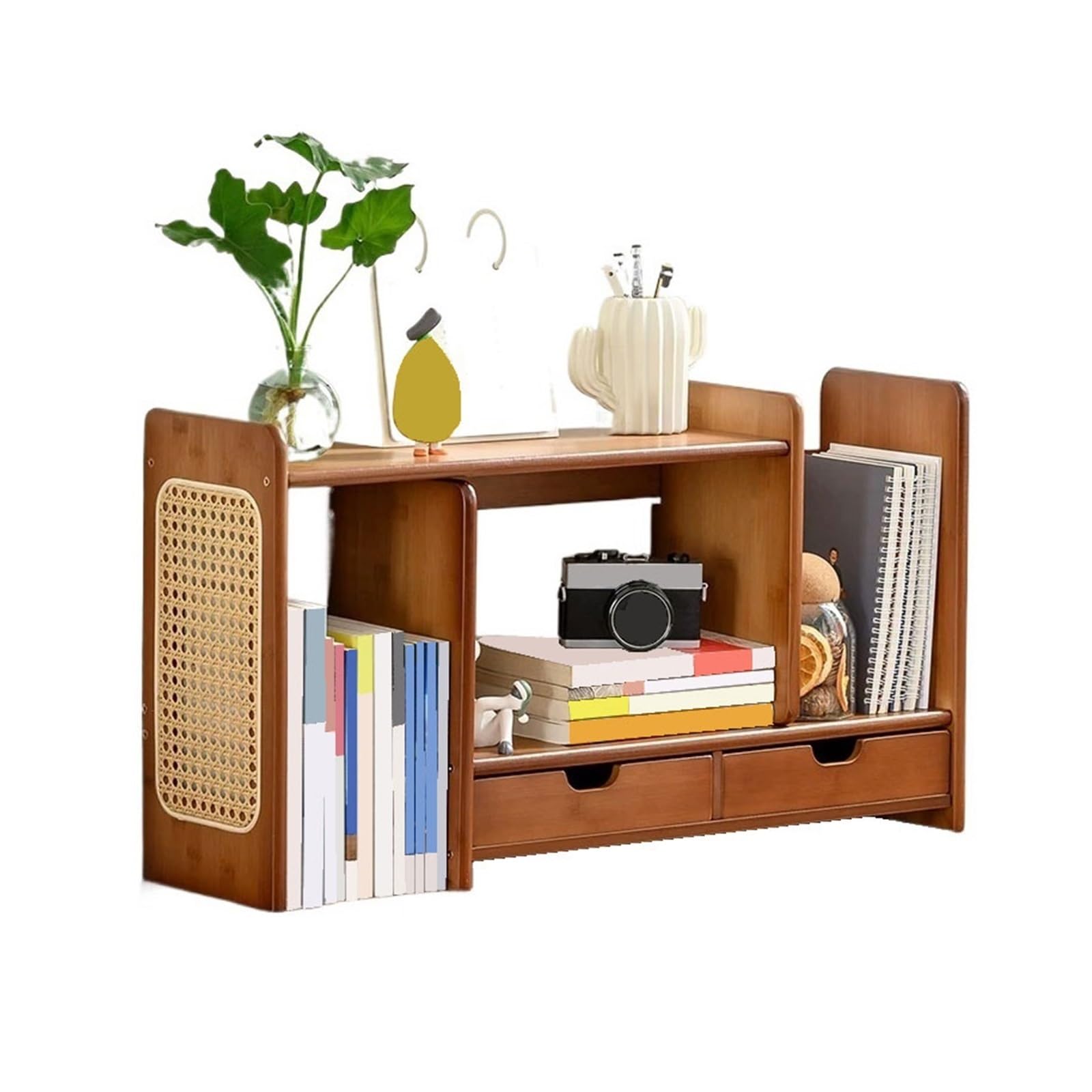 Cenz-888 Portable Bookshelf Chinese-style Expandable Bamboo Bookshelf Adjustable with Drawer Storage Rack Rattan Side Panel Storage Rack
