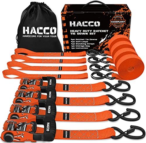 Haccoplanet Ratchet Straps, 5280lb Break Strengeth, 4pk 1.6" x 8' Heavy Duty Ratchet Tie Down Strap Set with Padded Handle, Coated S Hook, Soft Loop for ATV UTV Motorcycle Truck Cargo Straps (Orange)