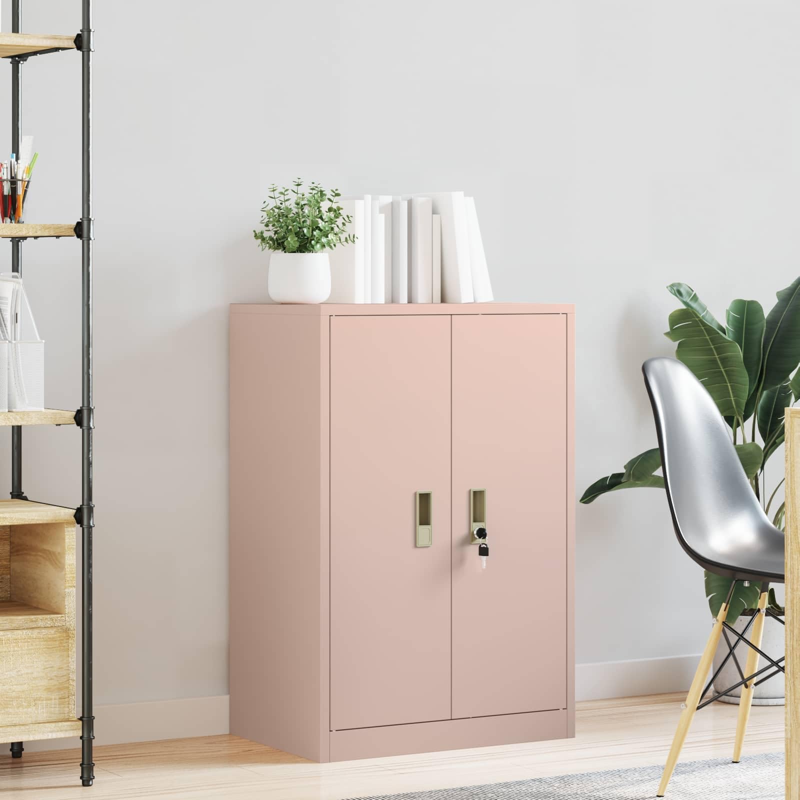 Armadio Portaoggetti Rosa in Acciaio 60 x 40 x 90 cm con Ante Chiudibili, Armadio in Metallo per Ufficio e Home Office, Armadio Multiuso per File, Cartelle, Documenti e Ripiano