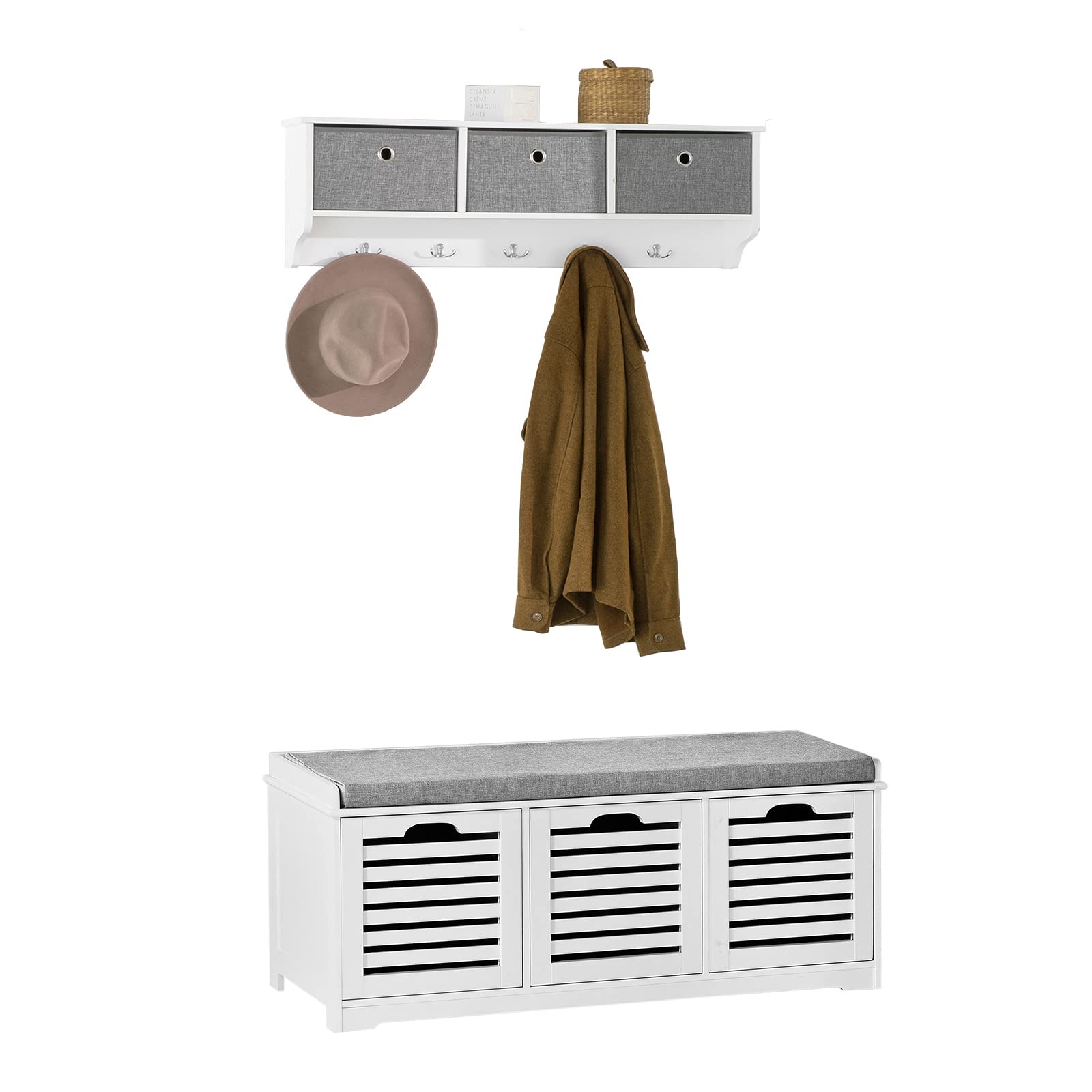 SoBuy Mueble recibidor Zapatero con Perchero Gris+Blanco, FSR23-W+FRG282-W ES
