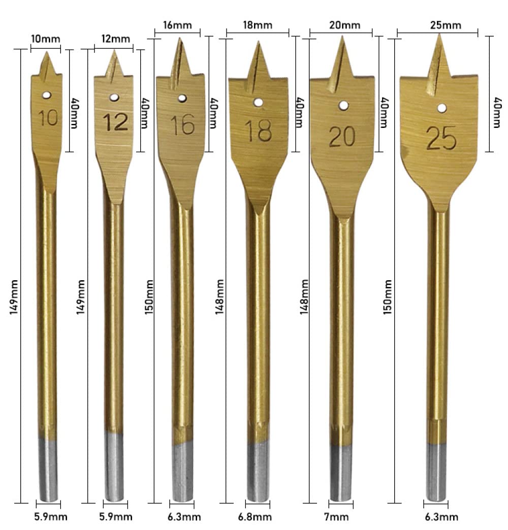 6 pz/set Rivestimento In Titanio Codolo Esagonale Punte A Spade Punta Alesatrice Piatta Punta Trapano Per Legno Utensili Elettrici Sega A Tazza 10mm12mm16mm18mm20mm25mm,6pcs