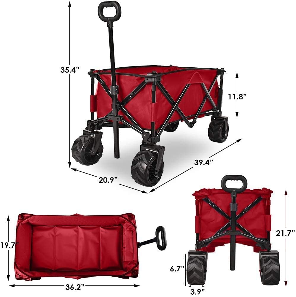 Folding Wagon Collapsible Utility Big Wheels Shopping Cart for Beach Outdoor Camping Garden Canvas Fabric All Terrain Heavy Duty Portable Grocery Cart Buggies Adjustable Handle (Red)