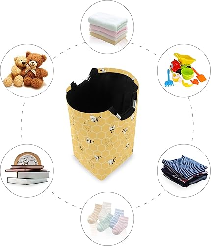 Miniatura 4 de AUUXVA Cesta de lavandería amarilla con diseño geométrico de panal de abeja y colmena, cesta de almacenamiento grande plegable con asas para baño,