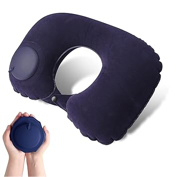 Deep Blue Inflatable Travel Neck Pillow | Neck Pillow for Travelling | 85g Ultra-Light 360° Support | Self-Pump Flocking Air Pillow for Flights/Trains (Compresses to 1/3 Size) - image, photos