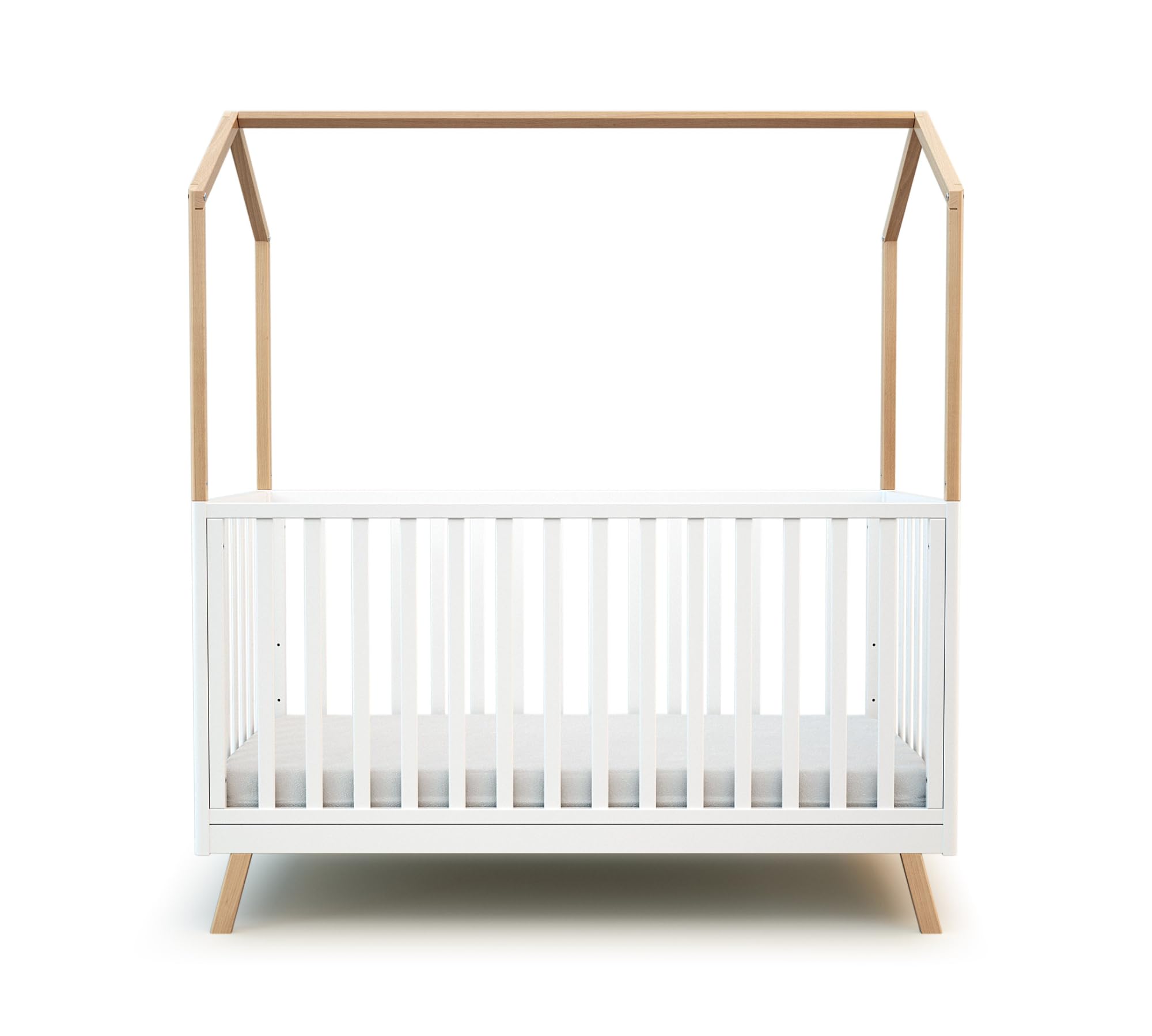 AT4 - Lit cabane bébé évolutif en bois CONFORT Blanc et Hêtre Verni 70 x 140 cm|146 x 74,​5 x 162,​5 cm | Lit transformable junior | Sommier réglable 3 hauteurs | 100% hêtre massif