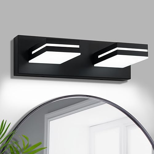 OKELI Lámpara de tocador de baño negra con 2 luces sobre el espejo, moderna, LED, regulable, lámpara de baño, cabezal giratorio de 350, 16 W, 6000
