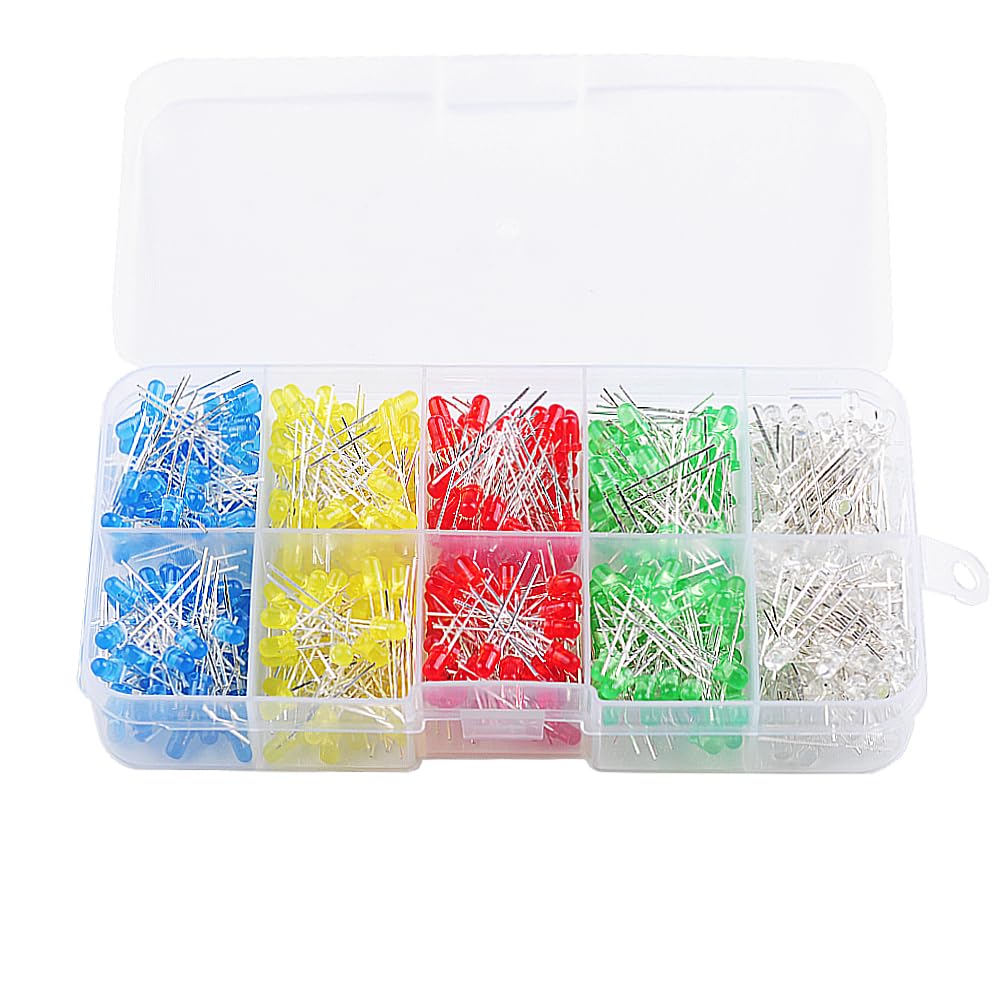 Stemedu 500PCS 3MM LED Diodes Assorted Kit Bright LED Emitting Light Assortment 2 Pin Round Color White/Red/Yellow/Green/Blue (5 Colors x 100pcs)