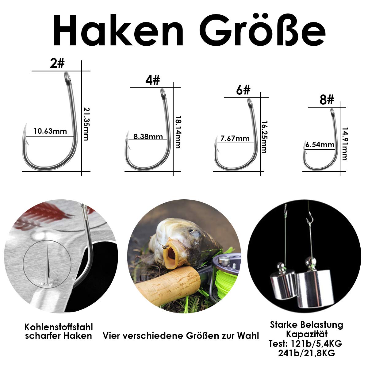 Luroad Karpfenangeln Haar-Rigs, 20-teilig Gebogen Karpfen Haken Widerhaken, Geflochtener Karpfen Angelhaken Zubehör mit Boilie Rig Karpfen Vorfach, 3 Boilie-Stoppers, Größe 2 4 6 8 - 3