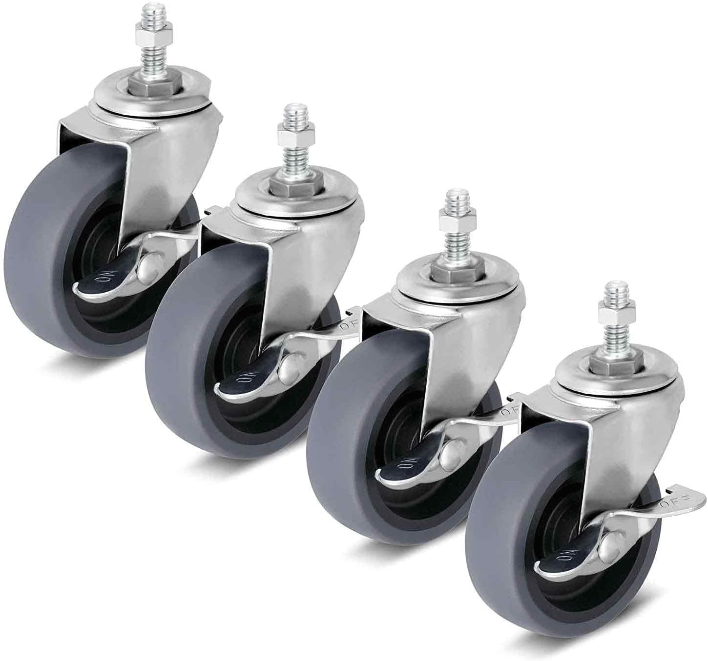 Caster Wheels, 3" Locking Swivel Stem Casters Set of 4, M10-1.5x25mm(Screw Diameter 10 mm, Length 25 mm) Rubber Casters with 360 Degree No Noise Wheels for Furniture