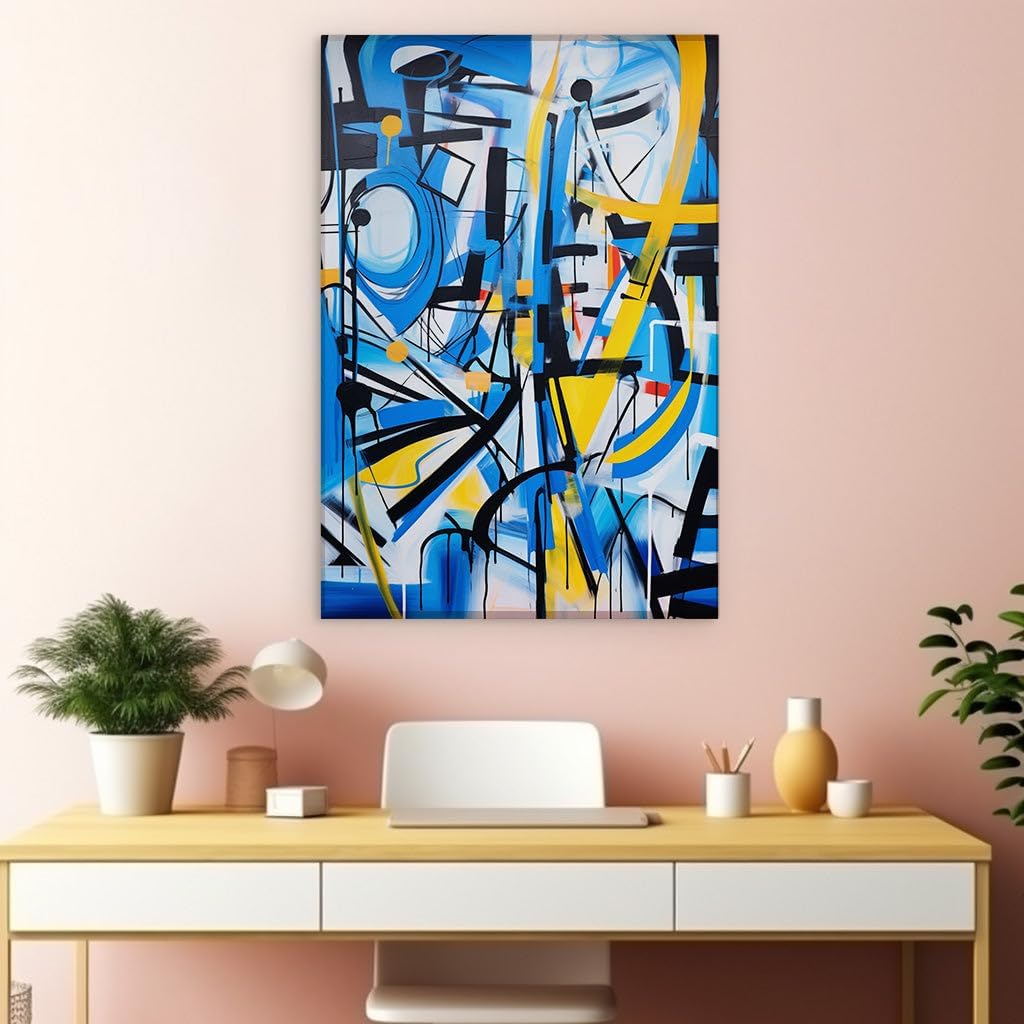 Canvas for Living room. Exploring the Vivid Chaos: A Dance of Blue, Black, and Yellow in Abstract Artistry, 27 x 18 inch Canvas Wall Art - Modernist Expressions - Modern Home Decor