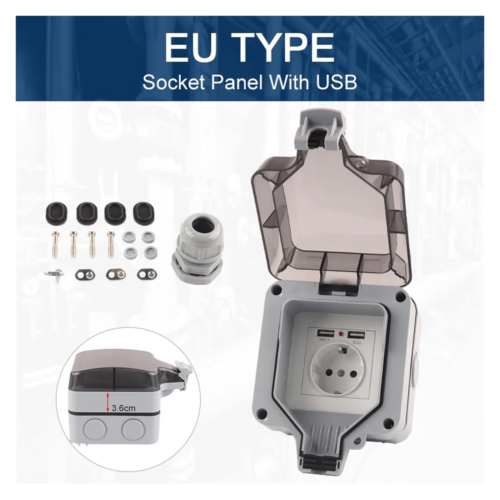 Prise murale étanche IP66 for extérieur, 16 A, 250 V, avec interrupteur et port USB(With USB)
