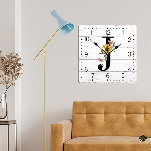 Miniatura 5 de Reloj de pared de PVC, letra inicial J número, monograma, girasol, mariposa, nombre familiar, 12 pulgadas, cuadrado, silencioso, sin tictac, reloj