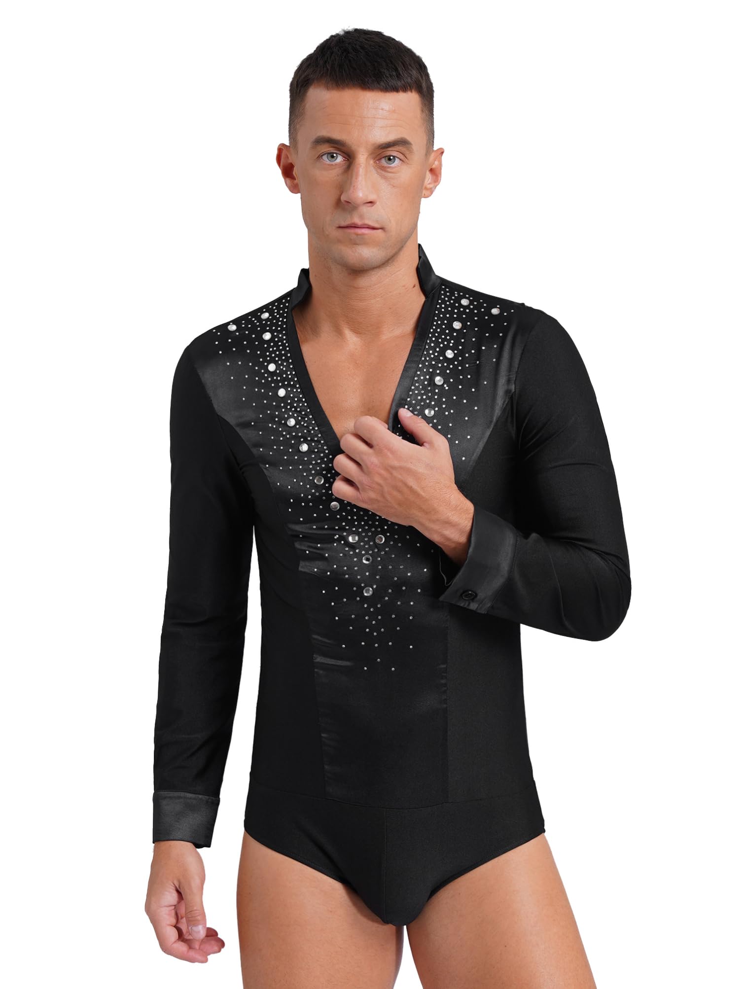 Aislor Leotardo Brillantes Para Hombre Con Cuello En V Body De Satén Manga Larga Maillot Para Danza Latina Patinaje Artístico Traje Bailarina