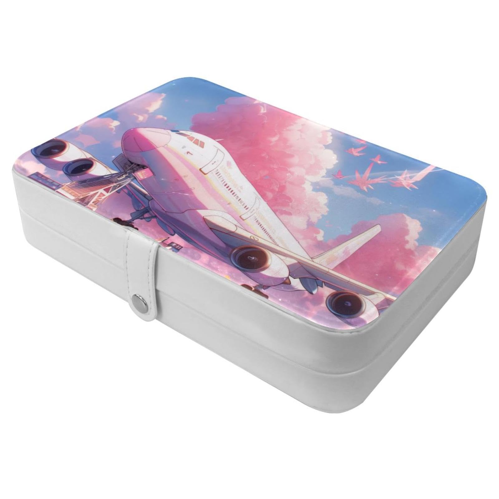 Boîte à bijoux de voyage rose avec motif avion pour bagues et colliers