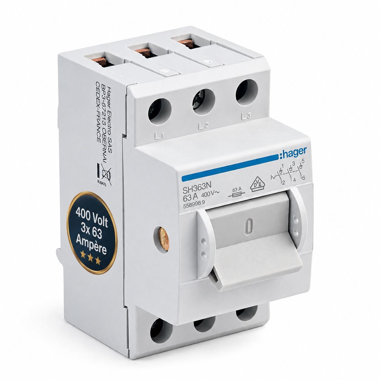 Hager SH363N Hauptschalter 63A 3-polig für Hutschiene, Ausschalter 400V AC, Kompaktschalter für Unterverteilung Hauptverteilung Schaltschrank DIN-Schiene 35mm 3x63 Ampere