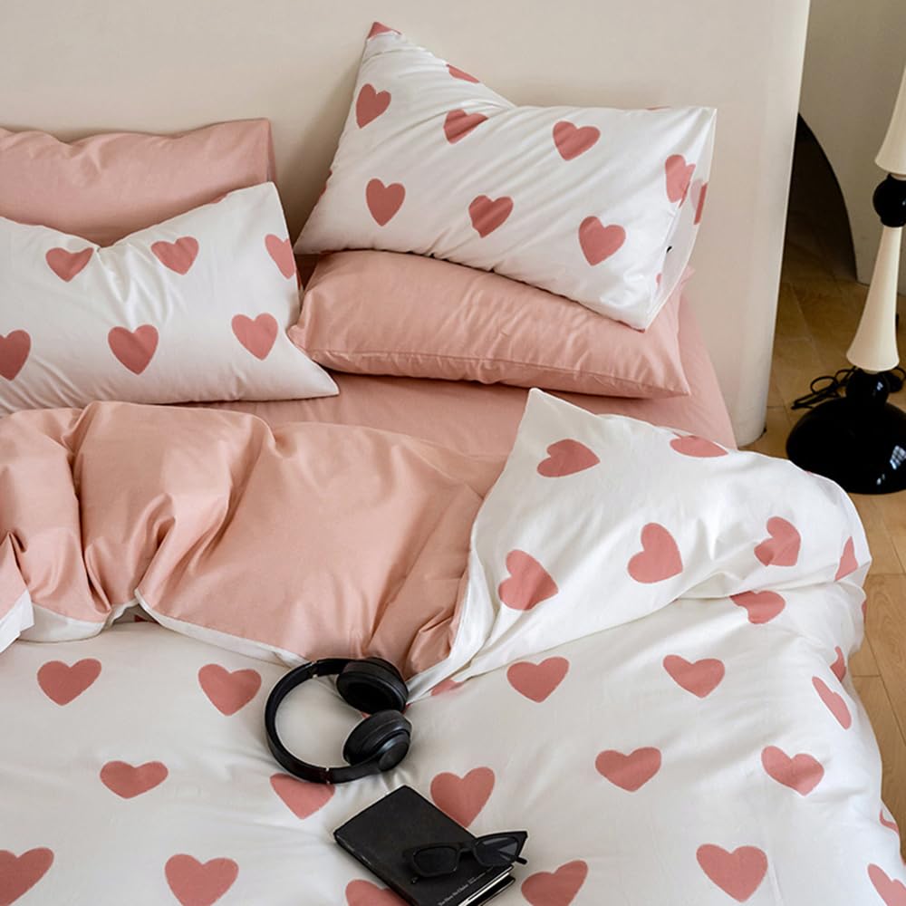 Covebett Pink Heart Double Duvet Cover Sets Pink and White Hearts Romantic Microfiber Reversible Bedding Set Aesthetic Girls Women Quilt Cover 200x200 with Zipper Closure and 2 Pillowcases 50x75 cm โ image 1