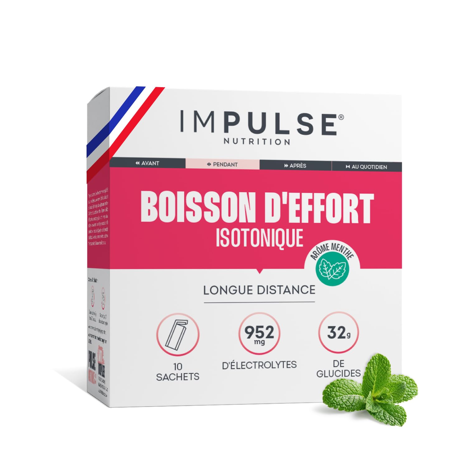 Impulse Nutrition - Boisson isotonique d’effort Saveur Menthe avec 3 glucides, électrolytes, BCAA - Énergie, Hydratation, Récupération - Pour les Longues distances - 10 sachets - Fabriqué en France