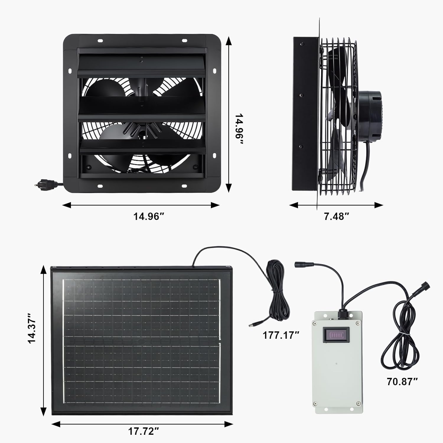 Detailed dimensions of the fan unit, solar panel, and control box.
