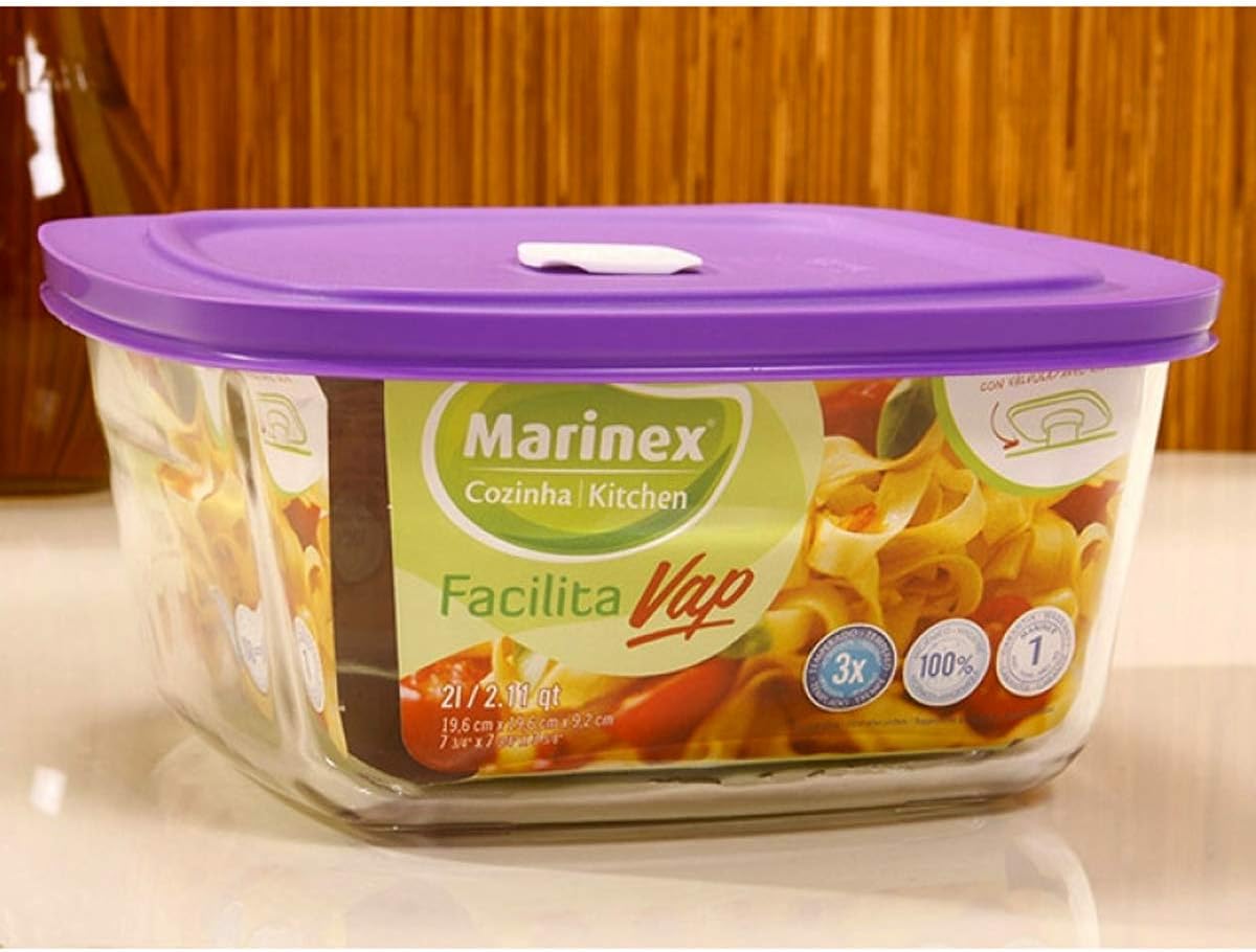 Tigela Quadrada 2L Marinex Facilita Pote De Vidro Temperado Com Tampa Plástica De Cores Sortidas