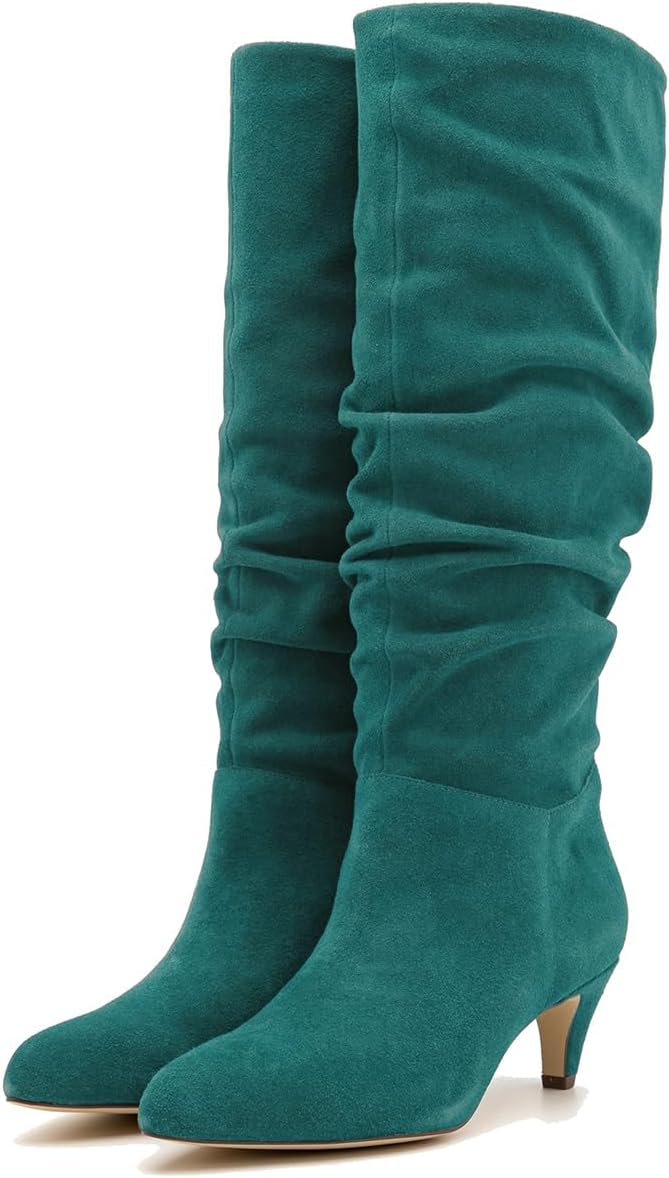 LEHOOR Women Low Kitten Heel Knee High Boots Pointed Toe Suede Slouch Dress Boots Pull On Short Heel Wide Calf 4-11 M US