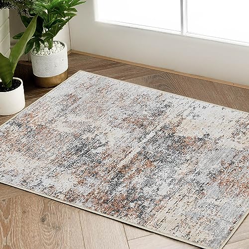 jinchan Area Rug 2x3 Washable Modern Rug Abstract Entryway Doormat Taupe Multi Print Overdyed Floor Cover Distressed Contemporary Lightweight Non-Slip