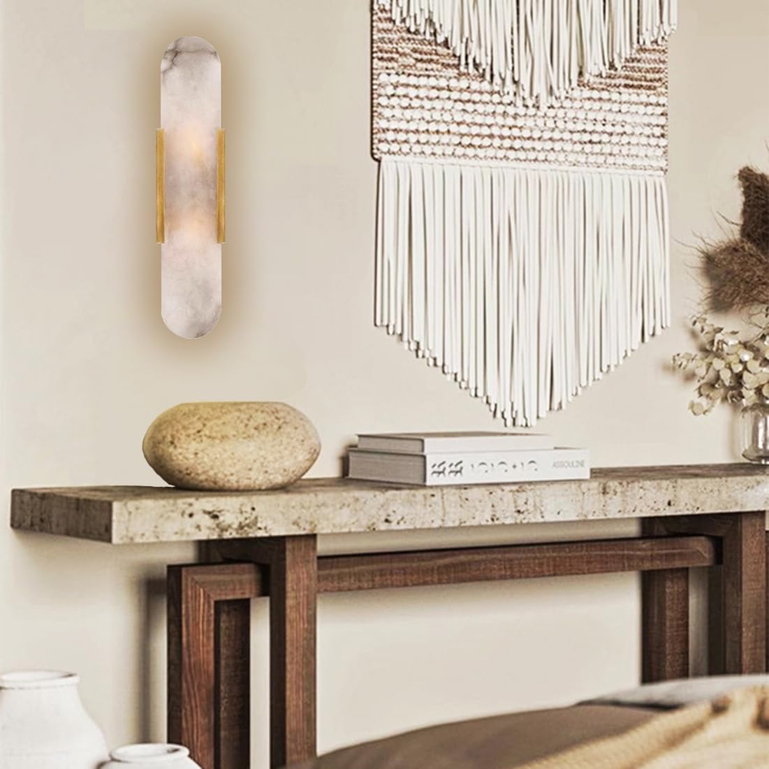 Wandlampe Innen Natürliche Marmor Wandleuchte 3000K Nordische Minimalistische Moderne G4 Wandlichter Mattes Eisengestell Wandbeleuchtung für Schlafzimmer Wohnzimmer Flur Treppe,Schwarz,35cm
