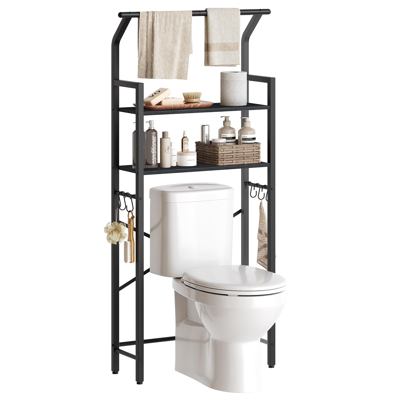 YATINEY 2-Tier Over The Toilet Storage, Multifunctional Vertical Over Toilet Bathroom Organizer, Freestanding Bathroom Storage Shelves with Hooks,