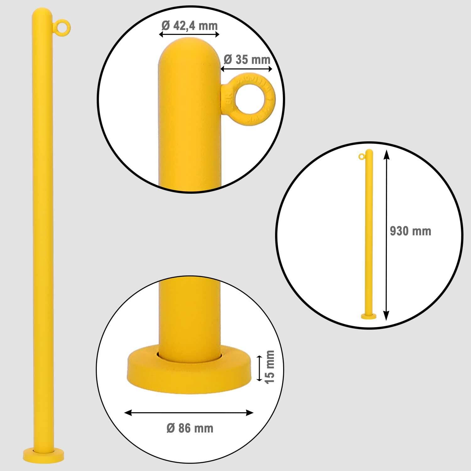 TIBU Poste de Barrera Acero Inoxidable Amarillo, Poste de Cadena de Ø 42,4 mm con Ojal, Poste Inicial/Final para fijación de Tacos