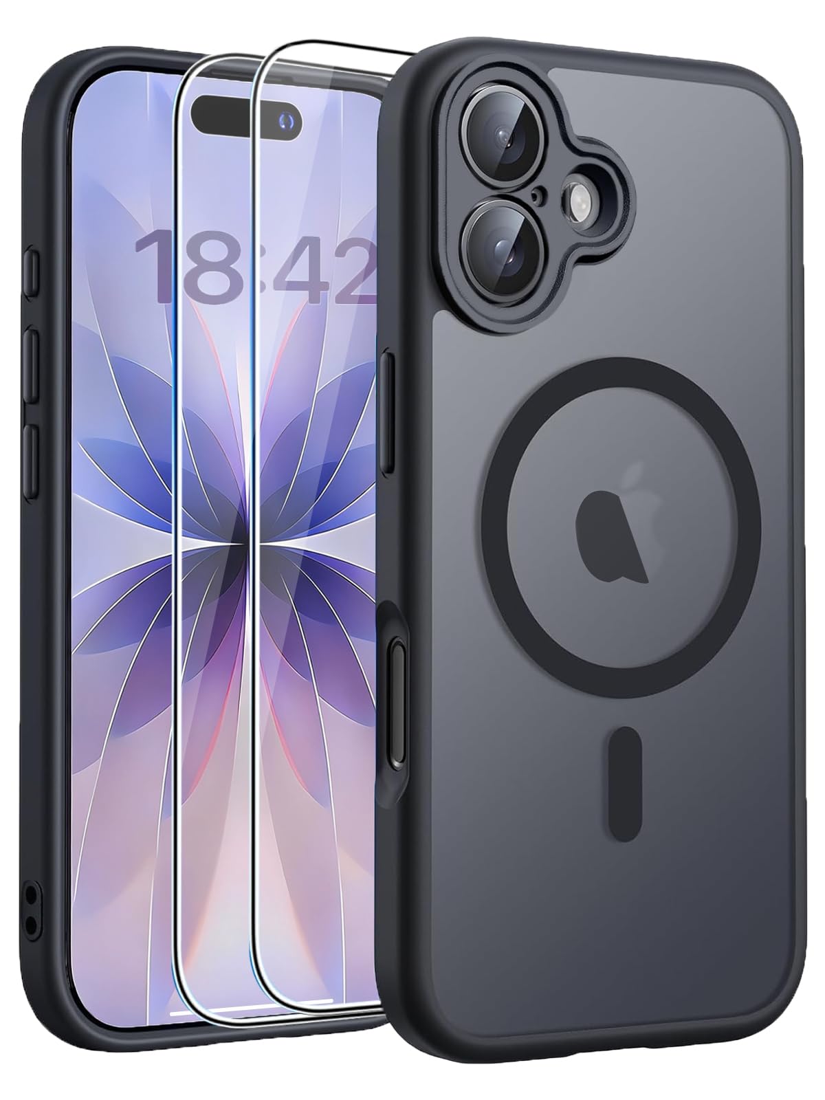 Handyhülle für iPhone 17 Hülle Kompatibel mit MagSafe mit 2 Stück 9H Panzer Schutz Glas, Vollständiger Kameraschutz, Eingebauter Magnetring, Matt Transluzent Schutzhülle für iPhone 17, Schwarz