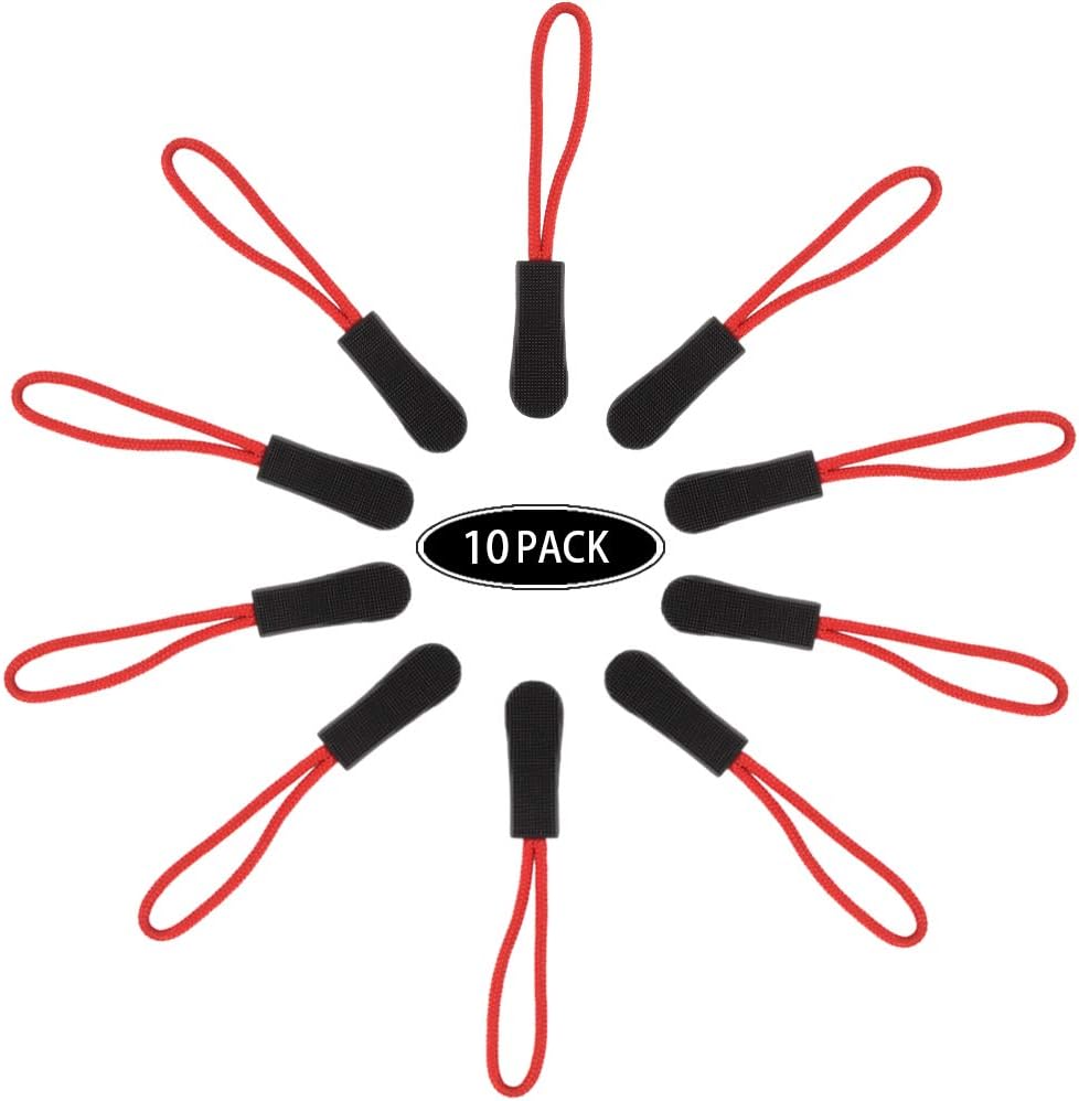 CTZD Durable Cord Zipper Pulls Pull Tab Zipper Replacement for Purses,Backpacks, Luggage, Clothing（Black Red,10 Pack
