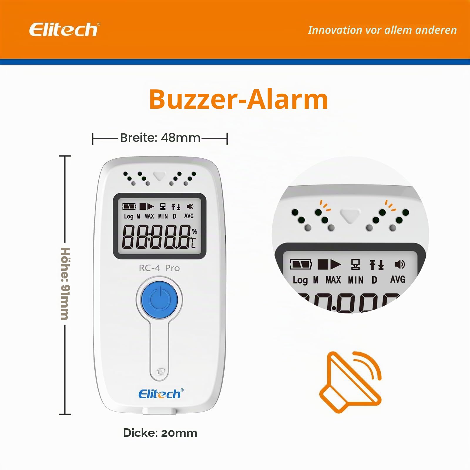 Elitech RC-4Pro Wiederverwendbarer Temperaturdatenlogger, -40~85°C, USB-Datenlogger für PDF & CSV, 64000 Datensätze, mit kostenloser Software & Akustischem Alarm, für Temperaturüberwachung im Labor