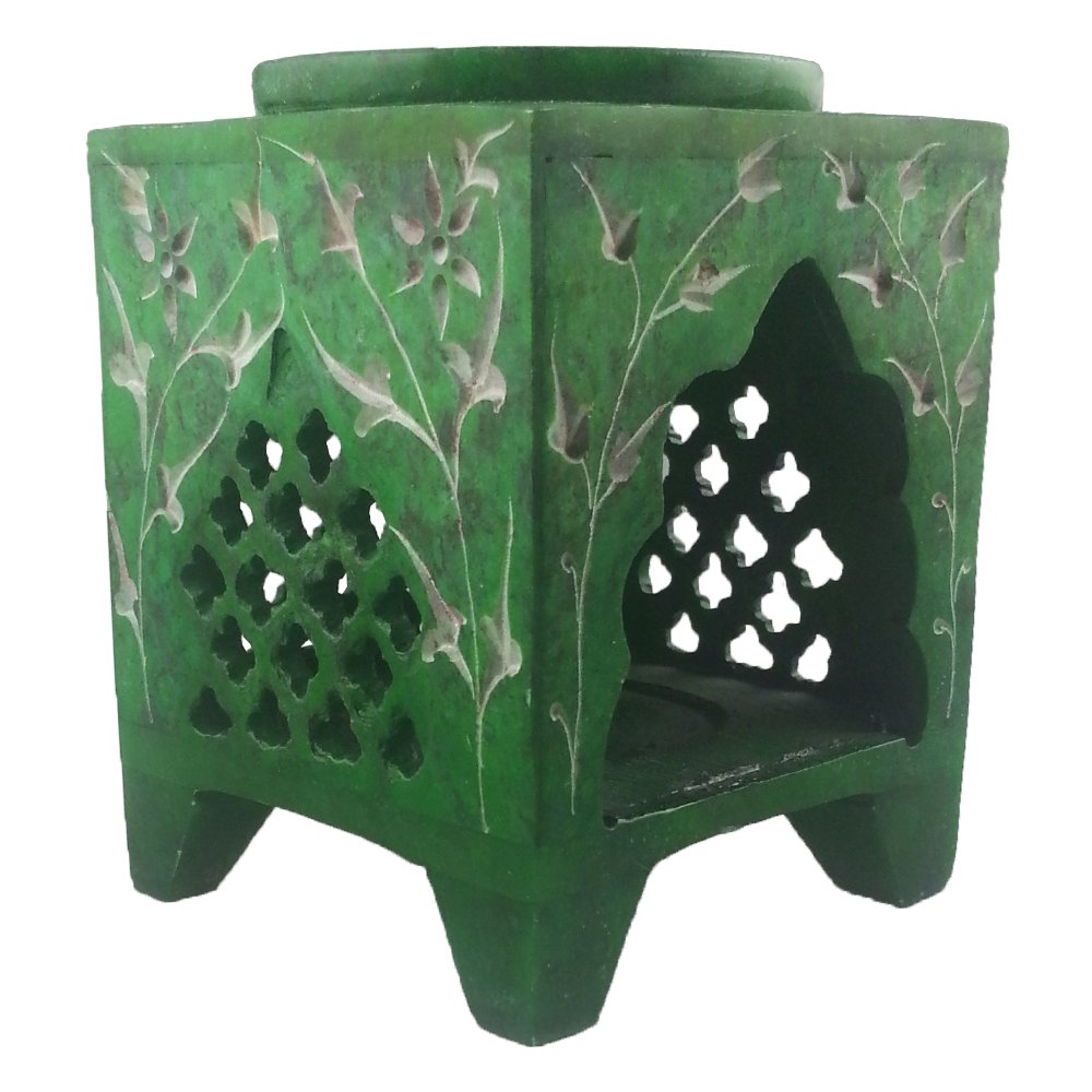 Shiva Green Elven Square Jali Soapstone Essential Oil Burner/Aromatherapy Oil Burner - Small