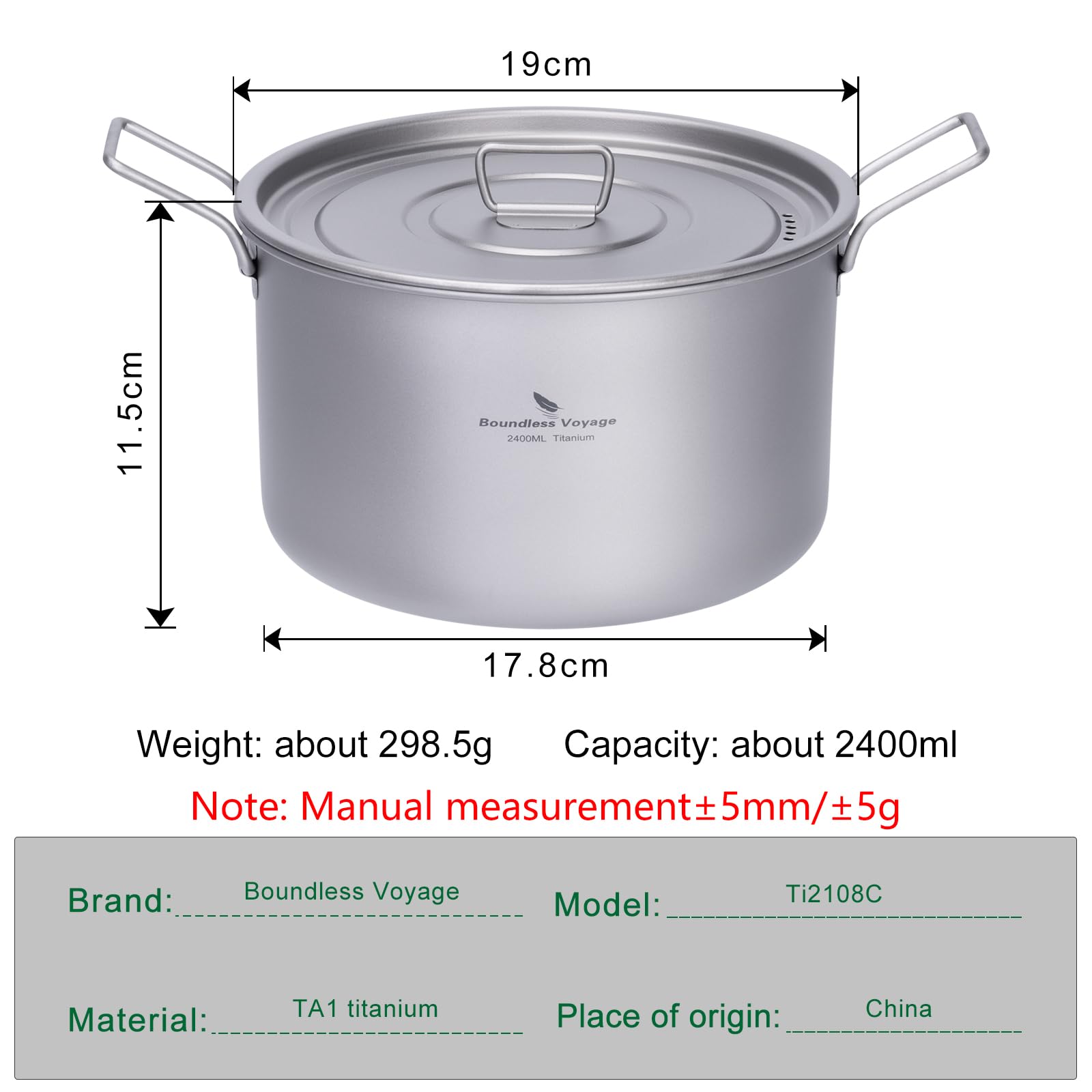 iBasingo Camping Cuisine Pot de Cuisine extérieure en Titane 2.4L Petite Sauce Pot Pot Chaud pour 1-3 Personne Petite Casserole Portable de Voyage Kit de Cuisine équipement de randonnée Ti2108C