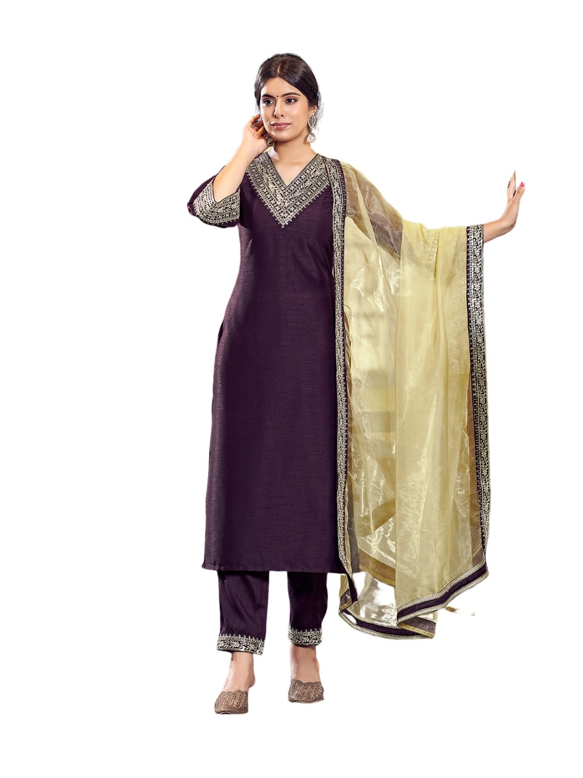 Sanisa Women's Art Silk Embroidery Lace Straight Kurta With Pant And Embroidery Lace Work Dupatta (104Kbd1133Nz-Xl_Wine)