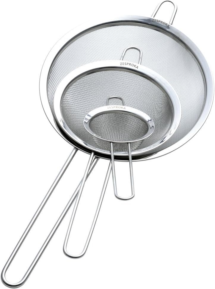 ZP129 Set of 3 Stainless Steel Fine Mesh Strainers for Kitchen, 3.26", 5.78", 7.75", Silver