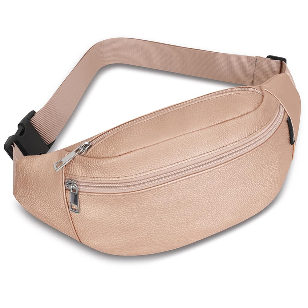 Bumbags Waist Fanny Pack Men Women Ladies Fashion Pu Leather Bum Bag with Adjustable Belt for Sport Running Hiking Jogging (Rose Gold)