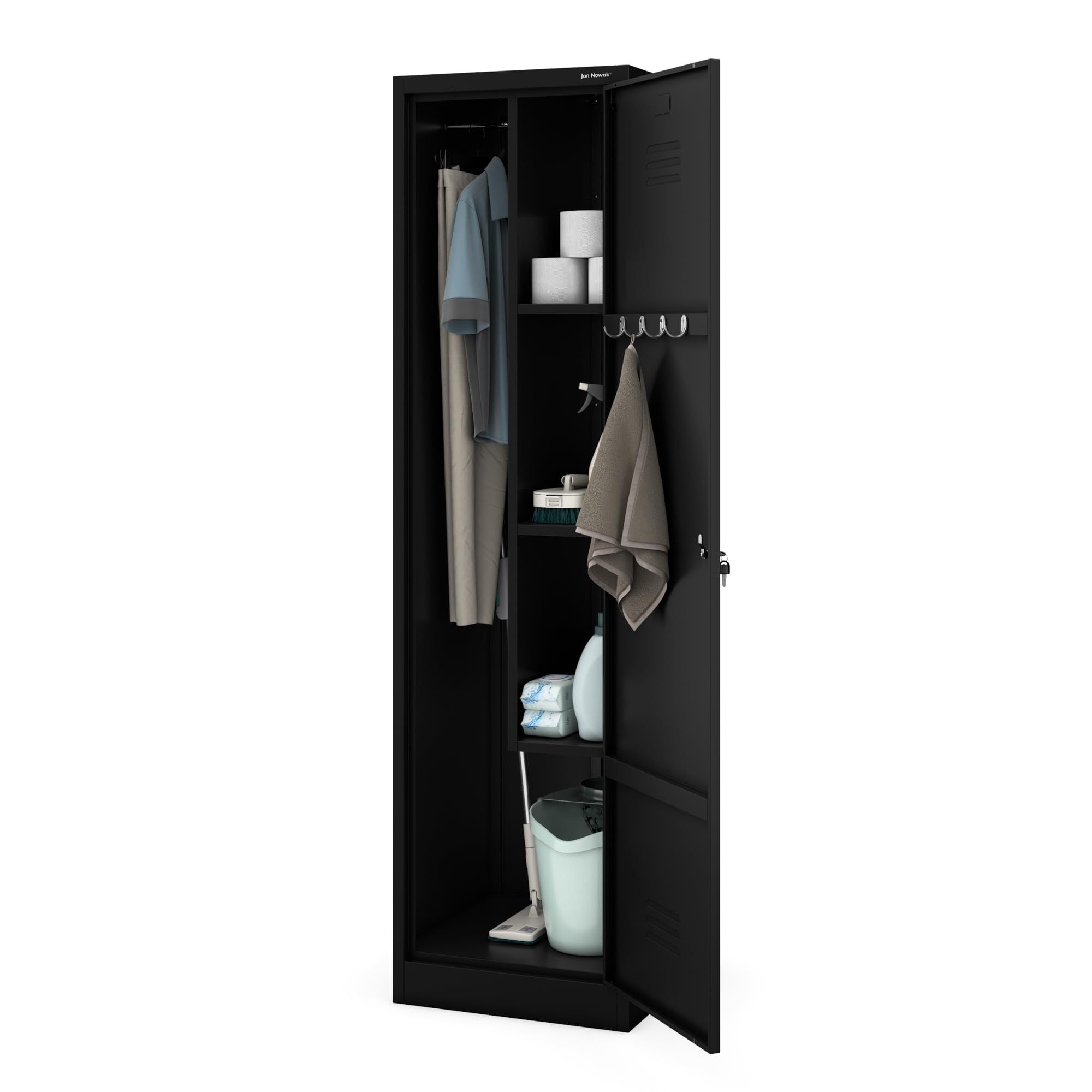 Jan Nowak Armoire de Rangement, Multifonction, Vestiaire Metallique | 185 cm x 50 cm x 50cm | Étagères, Crochets à vêtements | Fentes de Ventilation, Porte-étiquette, Verrouillable, Noir