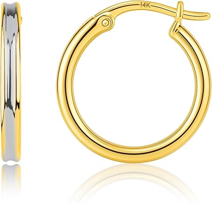 Solid 14K White Yellow Gold Two Tone Earring Hoops with Secure Clasps