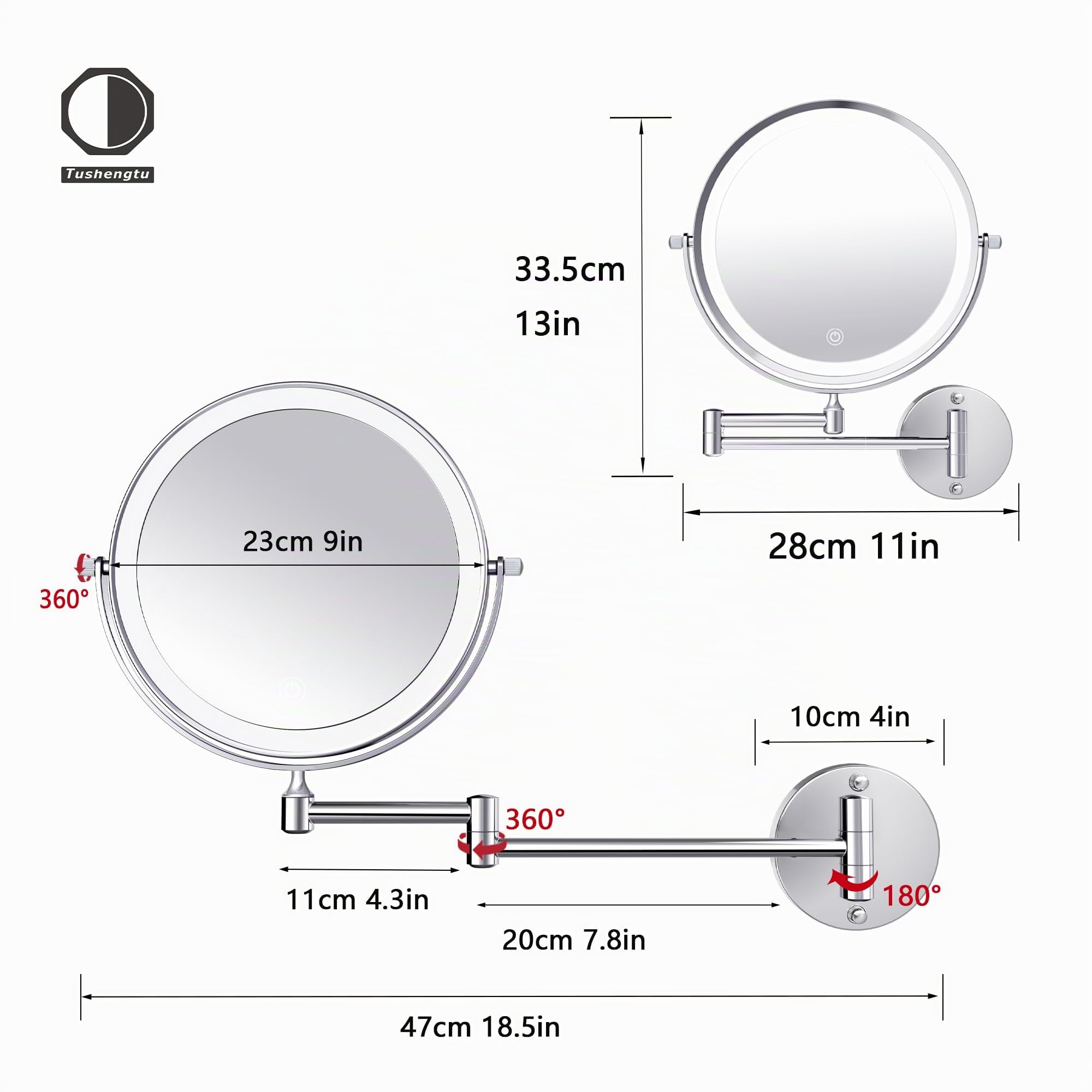Espejo de tocador grande recargable iluminado de 9 pulgadas montado en la pared, espejo de aumento 1X/10X con luz para baño, espejo cromado montado en la pared con brazo oscilante con 3 luces de color