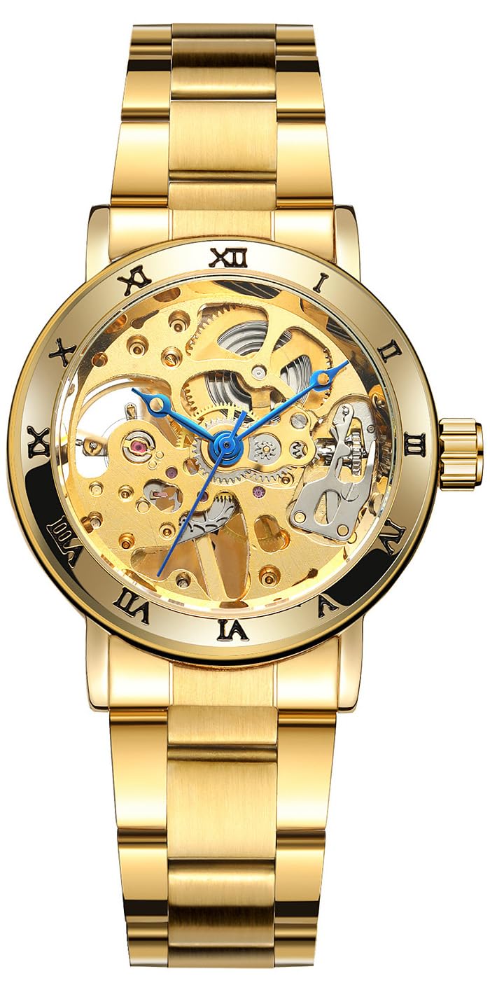 MASTOP Orologio da polso meccanico automatico da donna, in acciaio inox, con scheletro, orologio da polso a carica automatica, impermeabile, quadrante da donna
