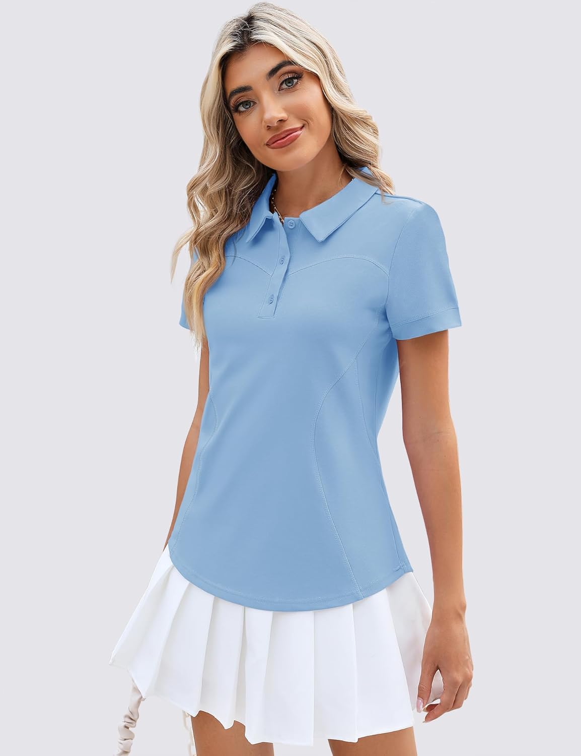 TFSDOD Womens Ladies Polo Shirts Lapel Collar 3-Button Short Sleeve Golf Top Dressy Casual Work Shirts Sky Blue M - Image 5