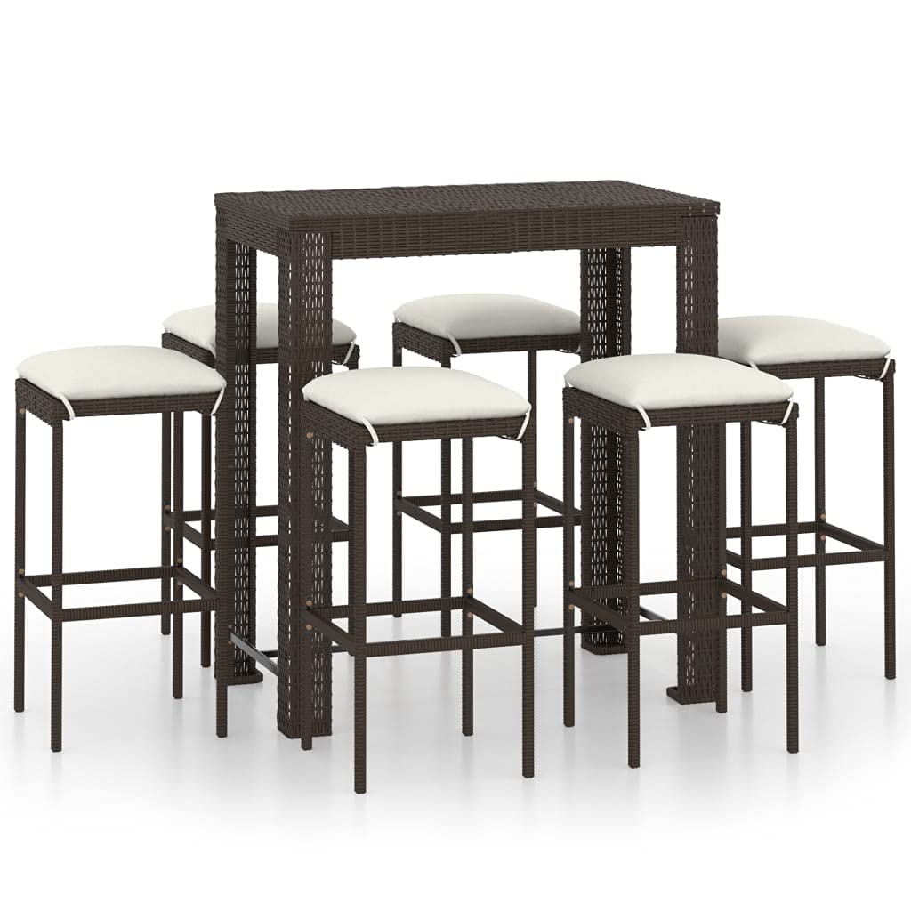 vidaXL Ensemble de Bar de Jardin 7 pcs avec Coussins Mobilier de Bistrot Ensemble de Salle à Manger d'Extérieur Salon de Jardin Résine Tressée Marron