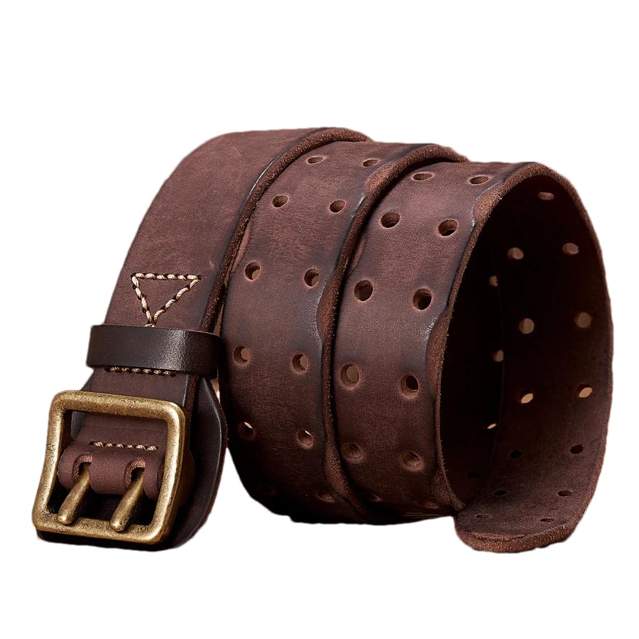 Pohullan Men 3.8c Leather Hollow Belts Retro Thick Leather Belt Brass Copper Buckle Jeans Belt